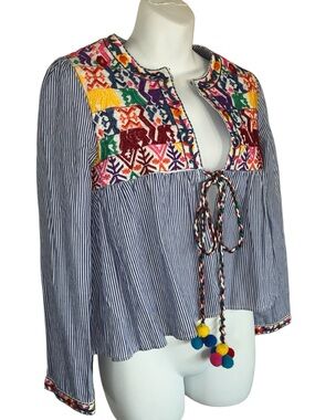 VELZERA Blue & White Stripes Cotton Shirt, Colorful Embroidered Yoke & Ties XS